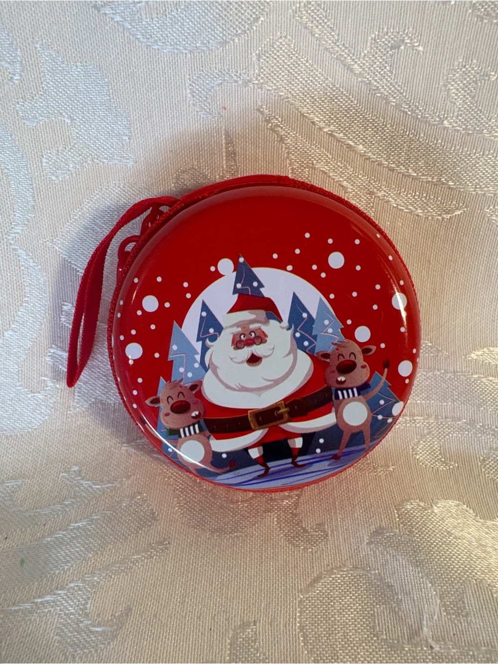 NWOT Red Santa Winter snow metal Holiday zipper close tin - Festive Gift Case